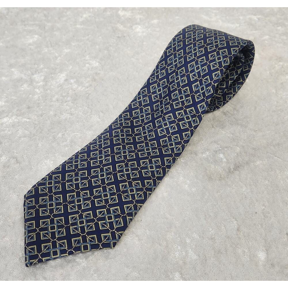 Authentic HERMES-Paris Mens Blue, Cream & Yellow Tie-100% Silk